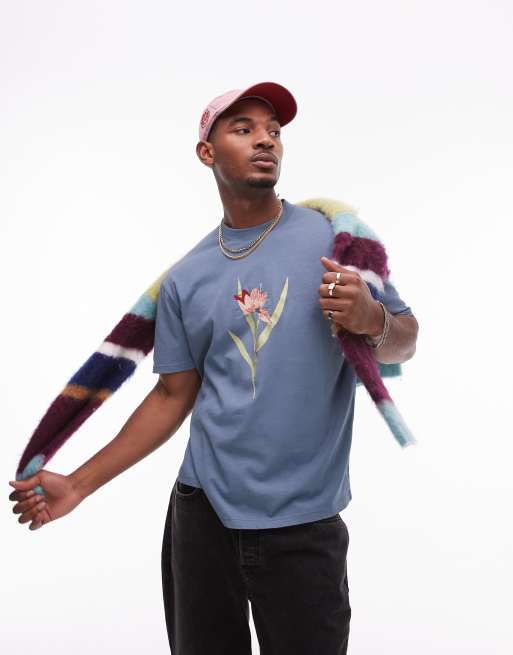 Topman – Premium – Blå t-shirt i oversize med botaniskt broderi