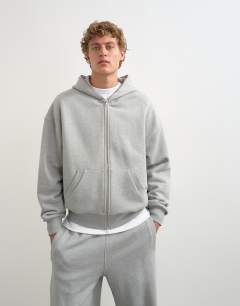 Model wearing Premium boxy fit heavyweight full zip through hoodie in grey marl