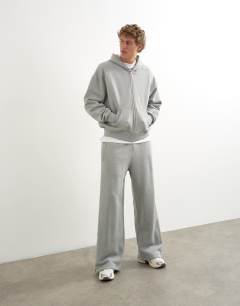 Model wearing Premium boxy fit heavyweight full zip through hoodie in grey marl