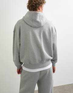 Model wearing Premium boxy fit heavyweight full zip through hoodie in grey marl