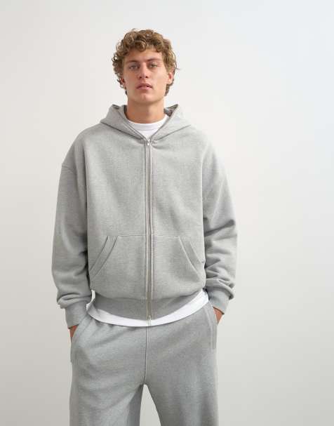 Topman premium boxy fit hoodie van zware stof met volledige rits in grijs gemêleerd - view 1