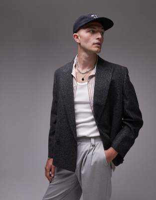 premium boxy wool mix salt and pepper suit jacket in black