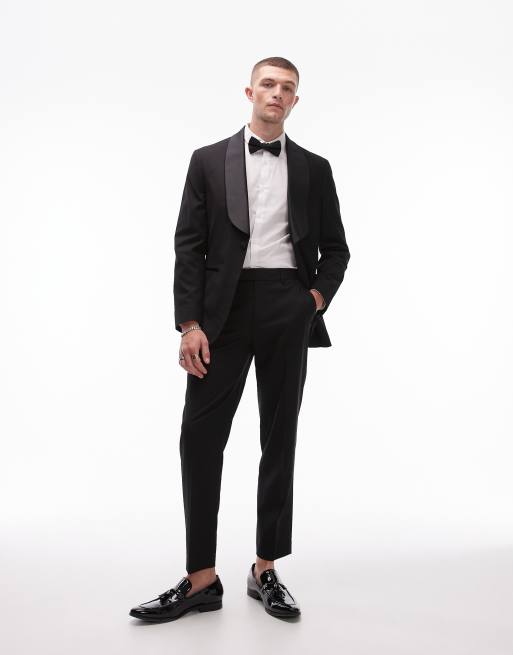 Topman premium boxy wool mix shawl tux suit jacket in black, 3 of 5