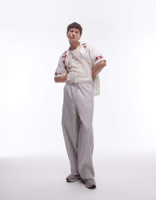 Topman - Premium - Broek met wijde pijpen en textuur in stone