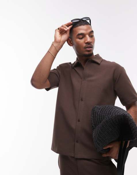 Topman – Premium – Brun jersey-skjorta i oversize med interlock-sömmar och knäppning - view 1