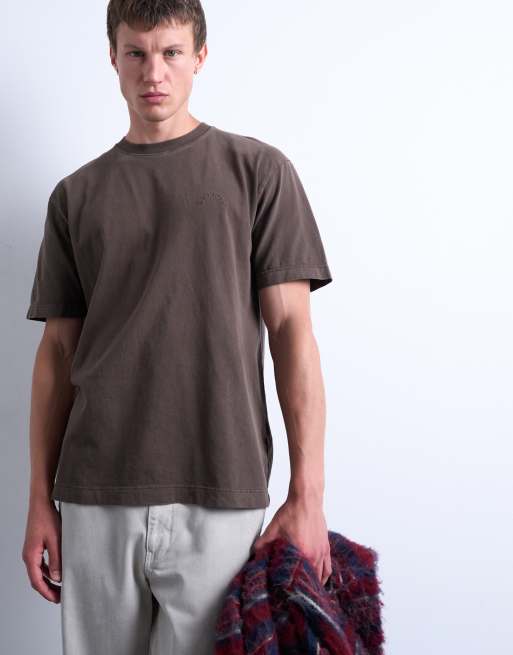 Topman – Premium – Brun, tvättad t-shirt i oversize med Nowhere-broderi