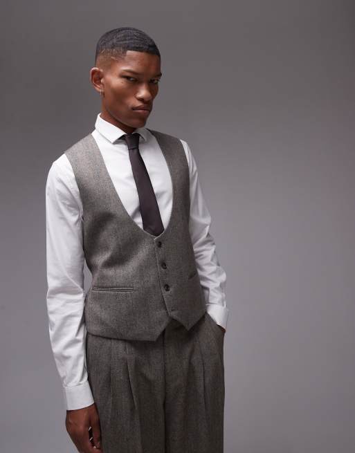 Topman - Premium - Brun vest i uldblanding med sildebensmønster og striber