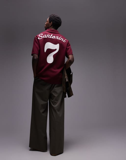Topman Premium – Burgundowa koszulka polo oversize z nadrukiem z motywem Santorini i haftem z przodu i z tyłu
