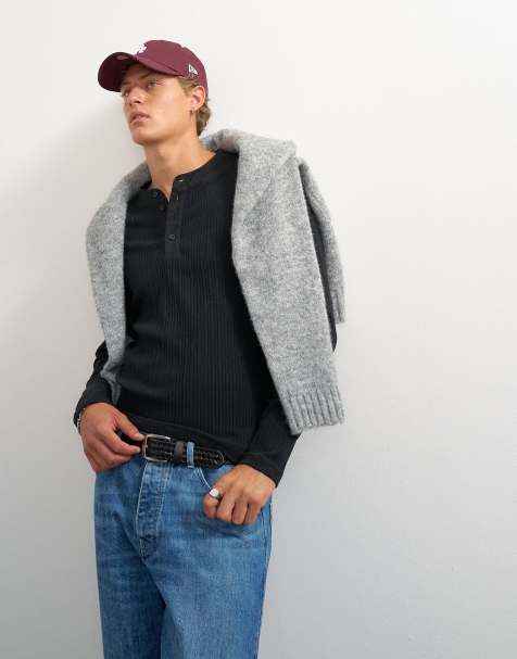 Topman premium classic fit long sleeve textured henley t-shirt with woven placket in black - view 1