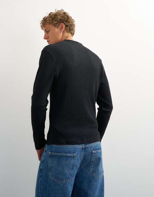 Topman premium classic fit long sleeve textured henley with woven placket in black, 2 of 5