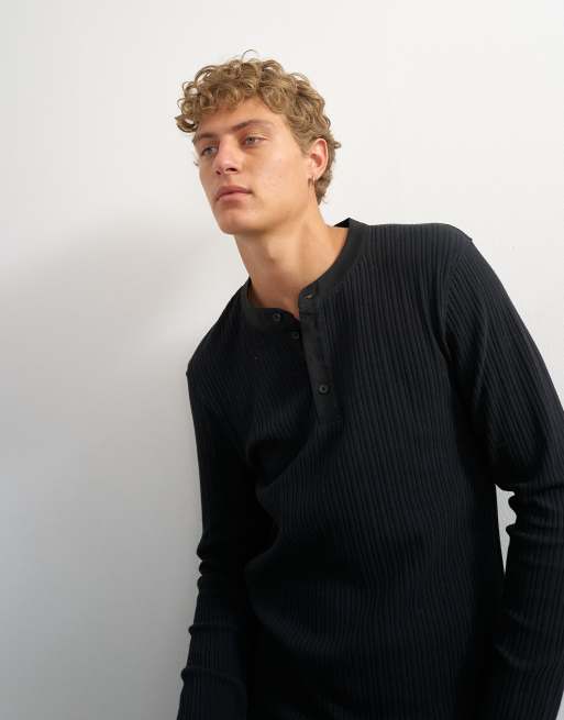 Topman premium classic fit long sleeve textured henley with woven placket in black, 4 of 5