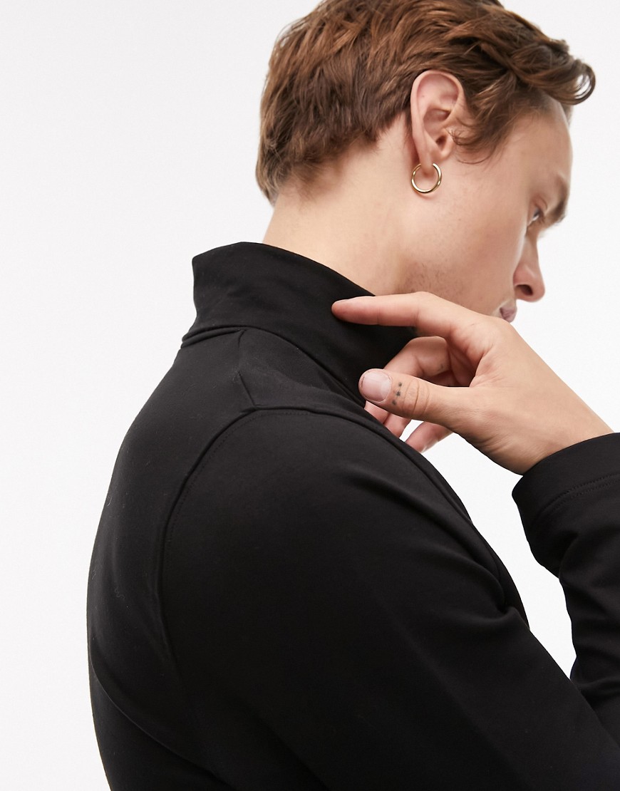 Topman premium classic long sleeve fleece interlock roll neck in black