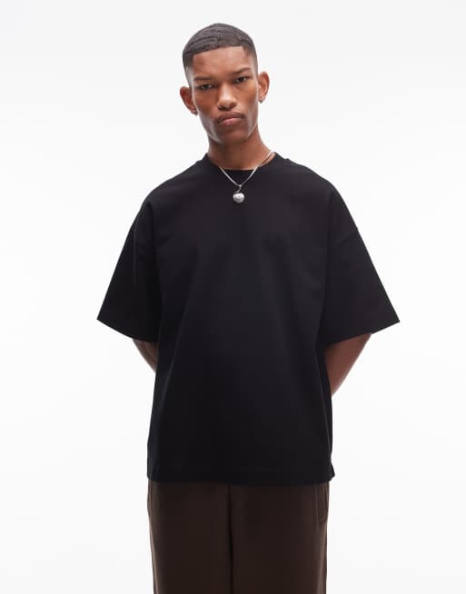 Topman Premium – Czarny gruby T-shirt oversize z rękawami do łokci o gramaturze 300 g/m²