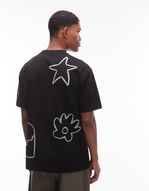 Topman – Premium – Czarny T-shirt o luźnym kroju z haftowanym motywem abstrakcyjnych kształtów ze sznurka z przodu i na plecach, 4 z 4