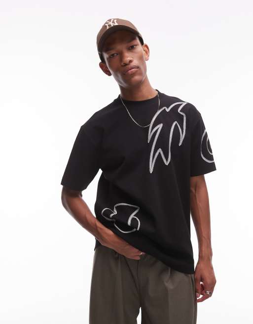 Topman Premium – Czarny T-shirt oversize z haftowanym motywem abstrakcyjnych kształtów ze sznurka z przodu i na plecach