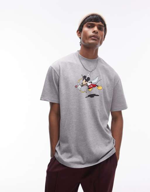 Topman Premium – Disney – Szary melanżowy T-shirt extreme oversize z nadrukiem z motywem Myszki Miki jako kupidyn