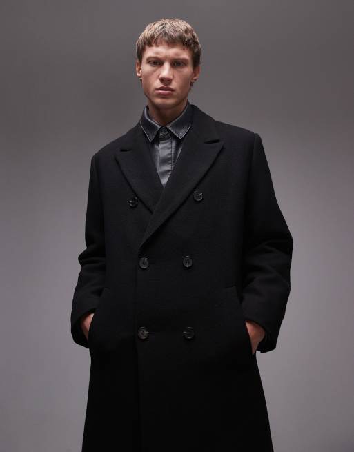 Topman premium double breasted overcoat with wool in black