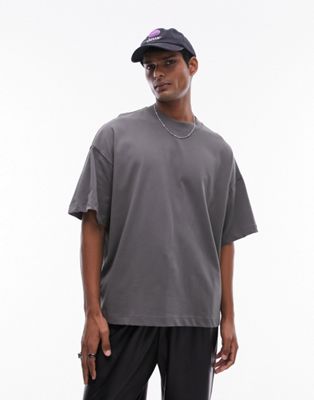 Topman premium dropped shoulder oversized fit t-shirt in charcoal