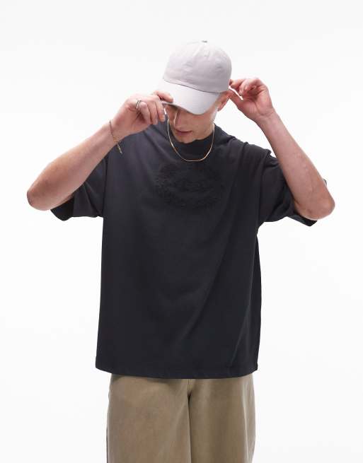 Topman - Premium - Ekstremt oversized T-shirt i forvasket sort med hånd-/slangebrodering