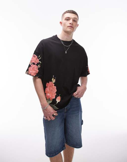 Topman - Premium - Ekstremt oversized T-shirt med blomsterbroderi i sort