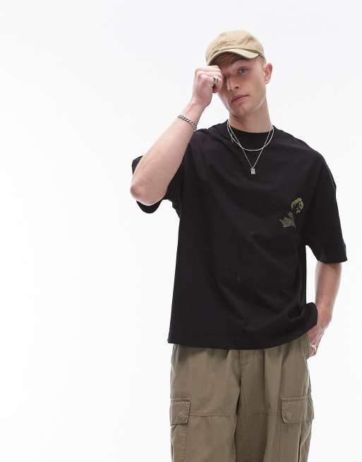 Topman - Premium - Ekstremt oversized T-shirt med print med pressede blomster foran og bagpå i sort