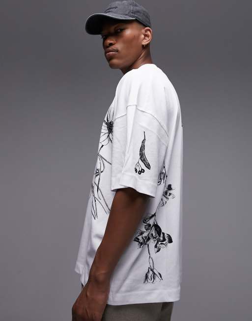 Topman - Premium - Ekstremt oversized T-shirt med sort/hvidt blomsterprint foran og bagpå i hvid