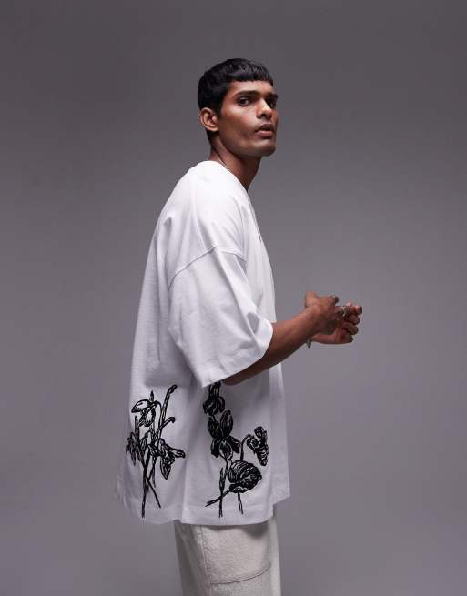 Topman - Premium - Extreem oversized T-shirt met bloemenborduursel op de voor- en achterkant in zwart