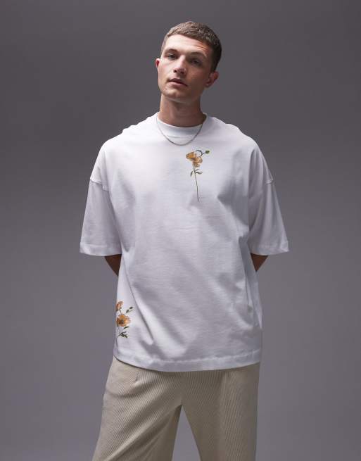 Topman - Premium - Extreem oversized T-shirt met gele klaprozen op de voor- en achterkant in wit