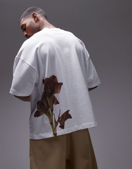 Topman - Premium - Extreem oversized T-shirt met geperste bloem op de clair- en achterkant in wit
