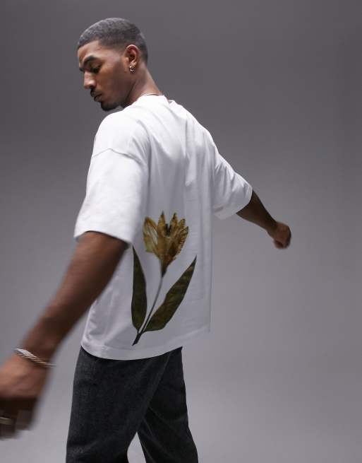 Topman - Premium - Extreem oversized T-shirt met geperste bloem op voor- en achterkant in wit