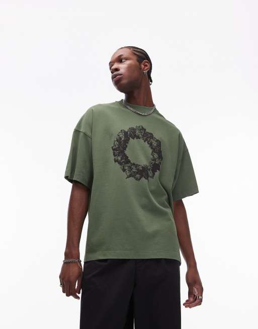 Topman - Premium - Extreem oversized T-shirt met krans-borduursel in groen