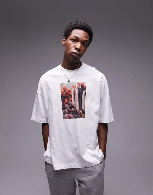 Topman - Premium - Extreem oversized T-shirt met torenprint op de voorkant en print op de ruggengraat in wit