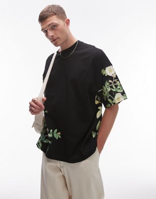 premium extreme oversized fit T-shirt with all over floral print in black