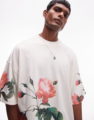 premium extreme oversized fit T-shirt with all-over floral print in ecru-White