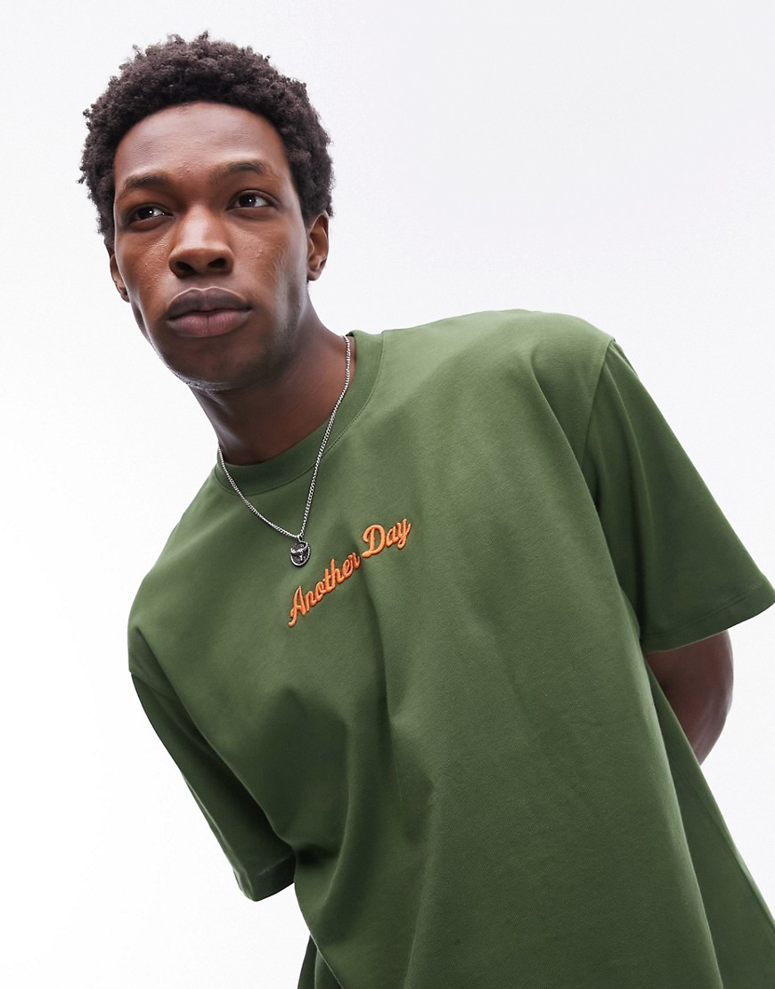 topman premium extreme oversized fit t-shirt with another day embroidery in green