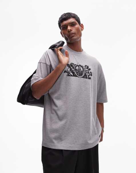 Topman premium extreme oversized fit t-shirt with cherub crest embroidery in grey marl - view 1