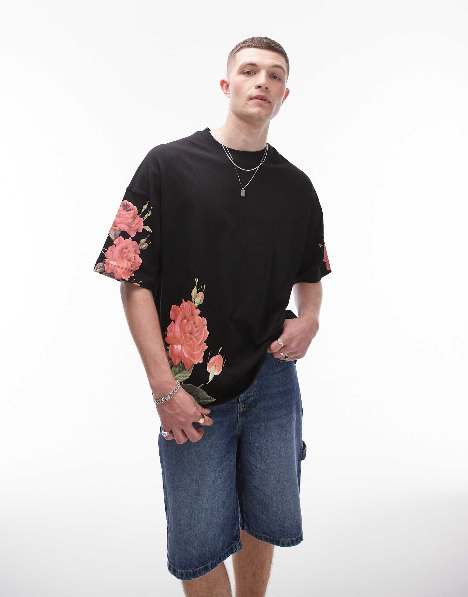 Футболка Topman premium extreme oversize fit черного цвета с цветочным принтом 10590₽