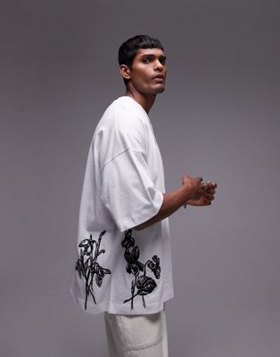 premium extreme oversized fit T-shirt with flower front and back embroidery in white