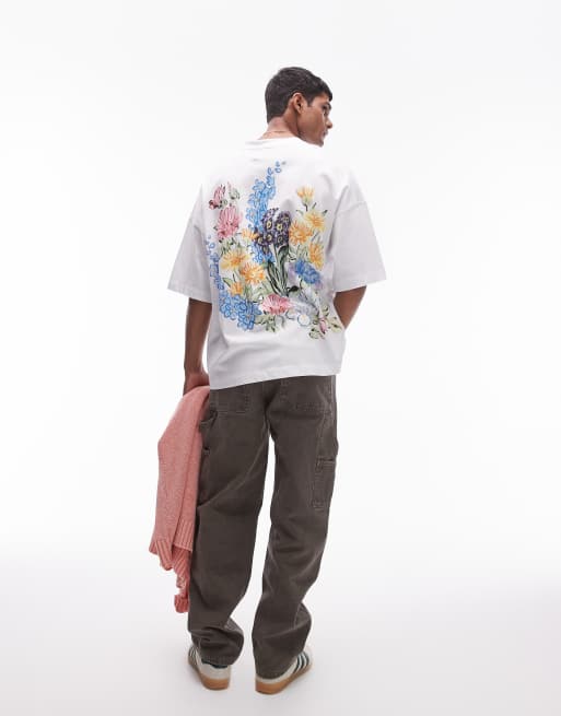  Topman premium extreme oversized fit t-shirt with front and back digital flowers print in white