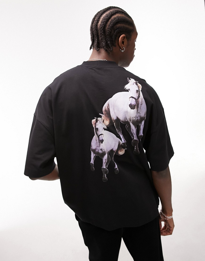 Topman premium extreme oversized fit t-shirt with front and back horse print in black