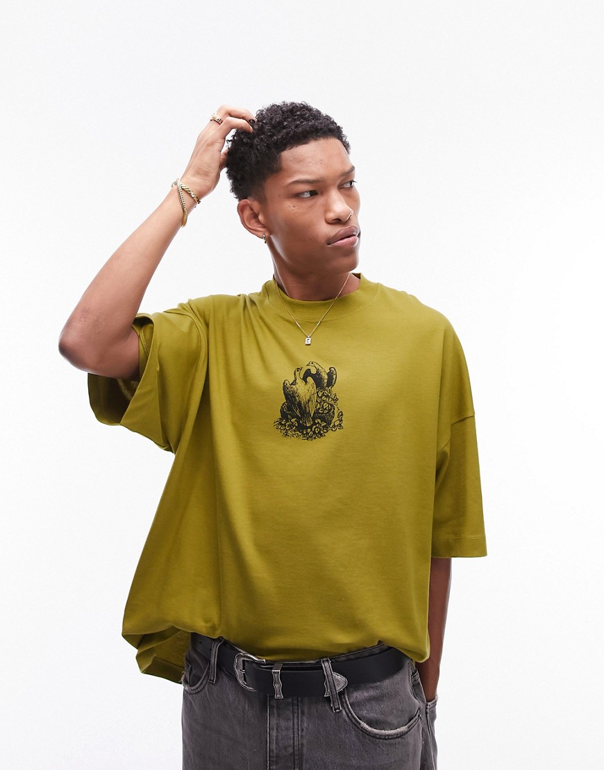 Topman premium extreme oversized fit t-shirt with front and back nesting doves print in olive-Green