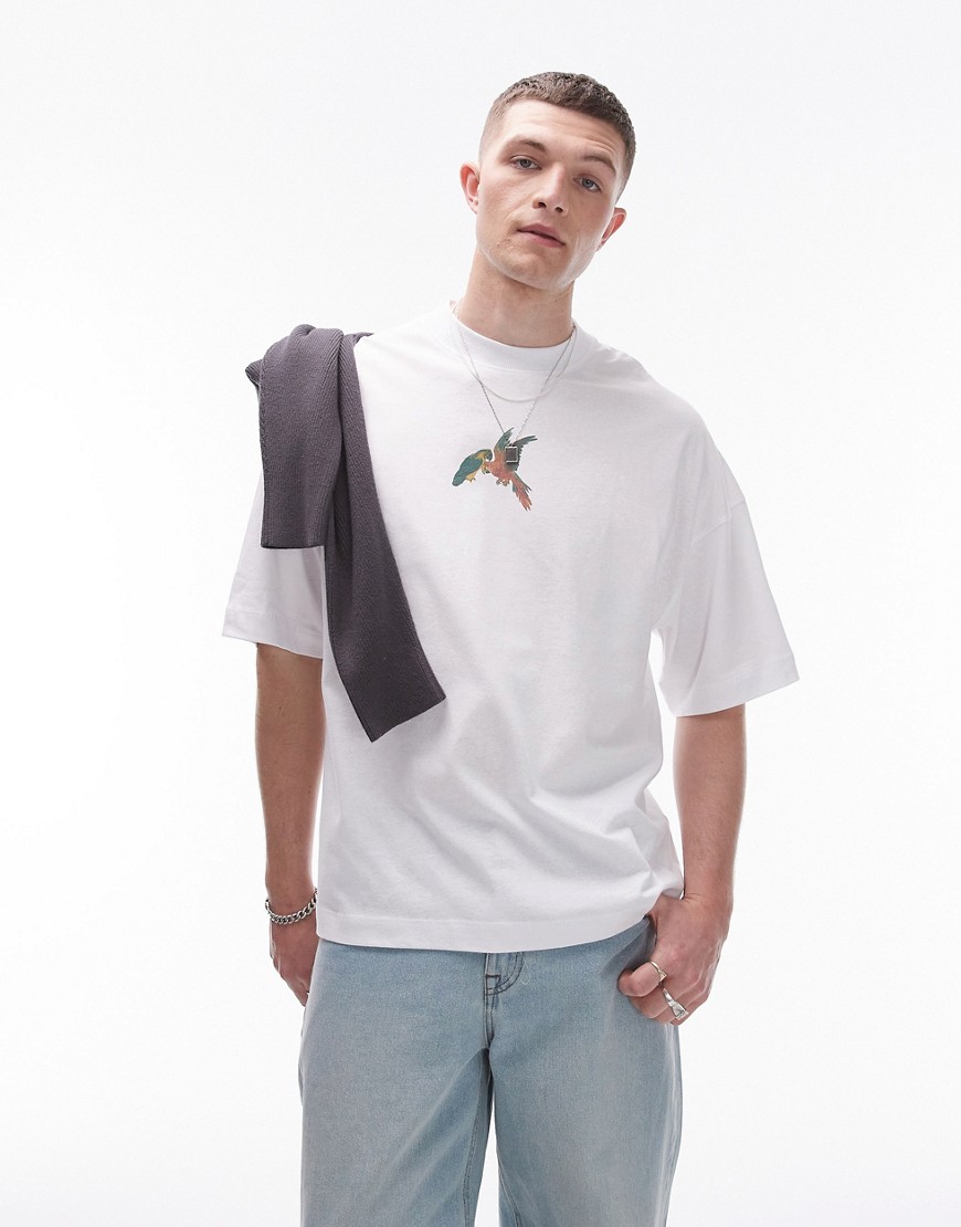 Topman premium extreme oversized fit t-shirt with front and back parrots print in white