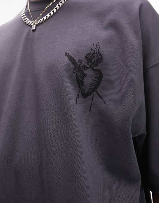Topman premium extreme oversized fit t-shirt with front and back sacred heart print in charcoal, 2 of 4