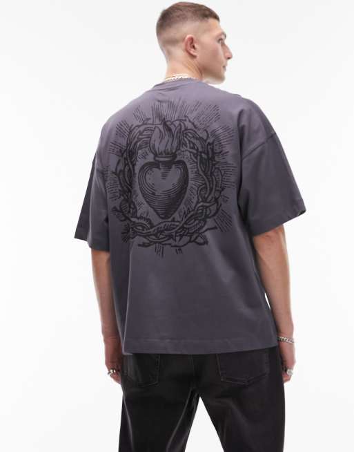 Topman premium extreme oversized fit t-shirt with front and back sacred heart print in charcoal, 3 of 4