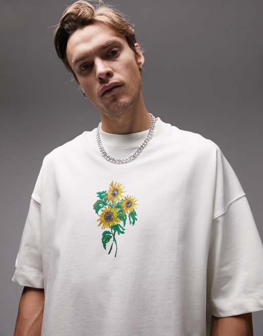 Topman premium extreme oversized fit t-shirt with painted sunflower in ecru