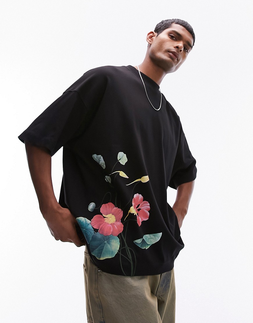 Topman premium extreme oversized fit t-shirt with placement poppy embroidery in black