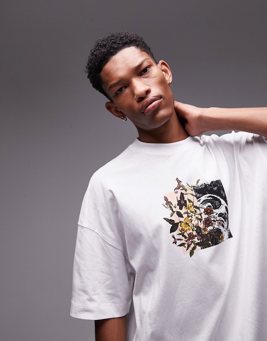 Topman premium extreme oversized fit t-shirt with split floral print in white