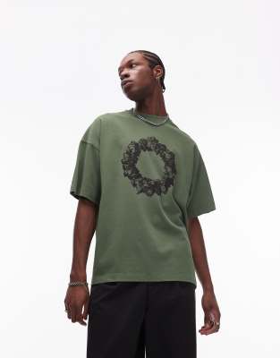 Topman premium extreme oversized fit t-shirt with wreath embroidery in green