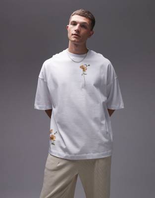 Topman Topman premium extreme oversized fit t-shirt with yellow poppies front and back print in white