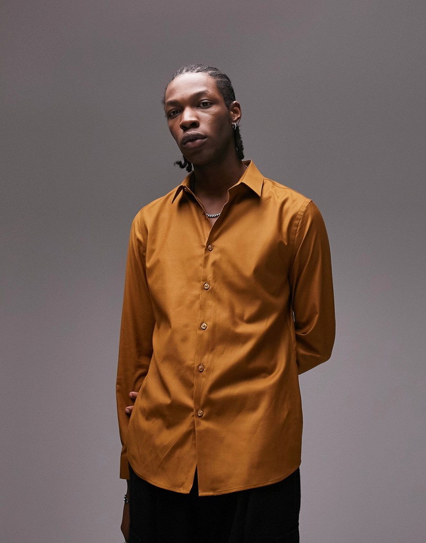 Topman premium formal slim fit cotton shirt in tobacco brown